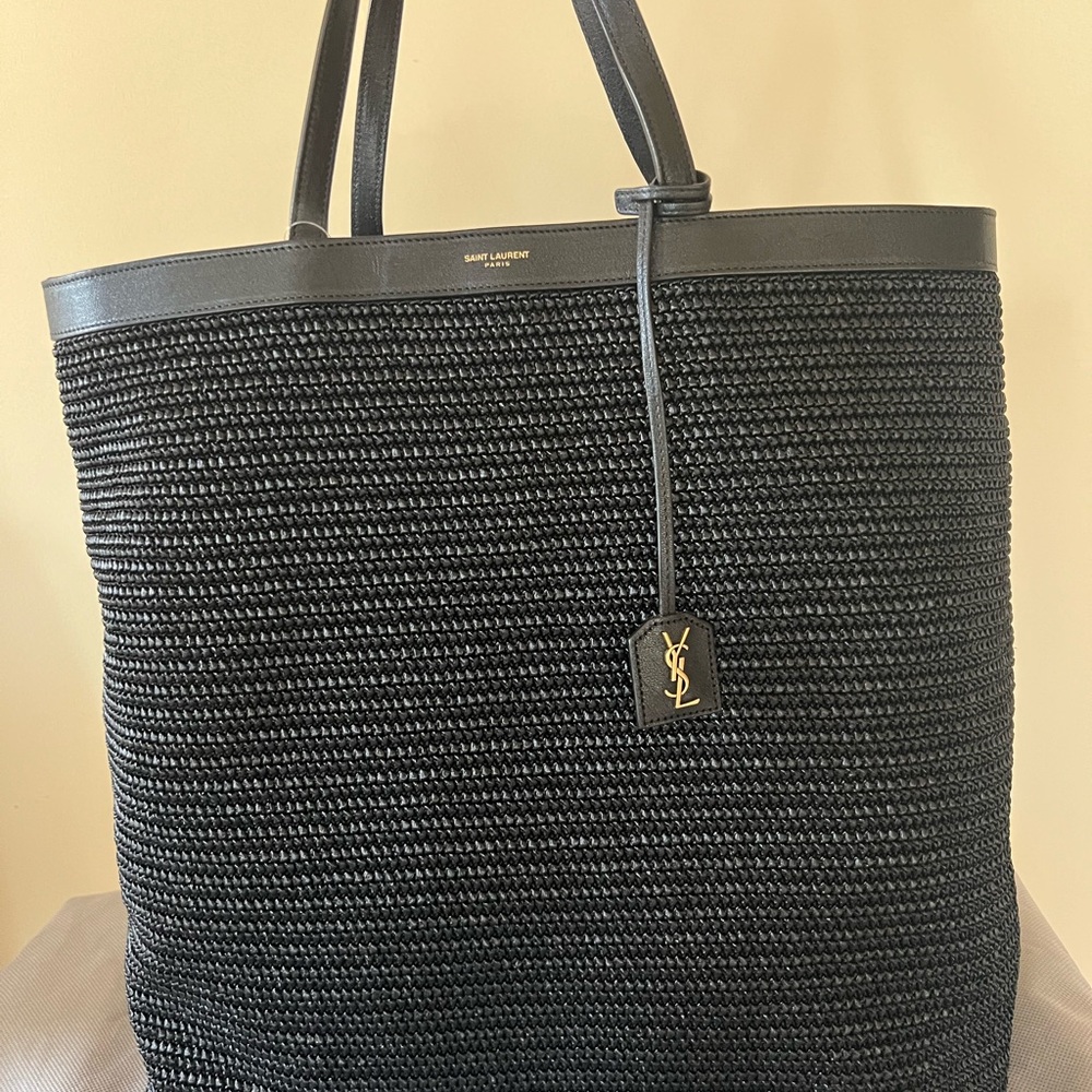 Saint Laurent Patti Large Leather-trimmed Black Raffia/Leather Tote( Authentic)